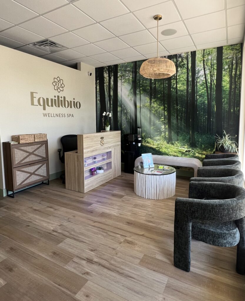 Modern reception area of Equilibrio Wellness Spa with calming décor, natural textures, and warm lighting.